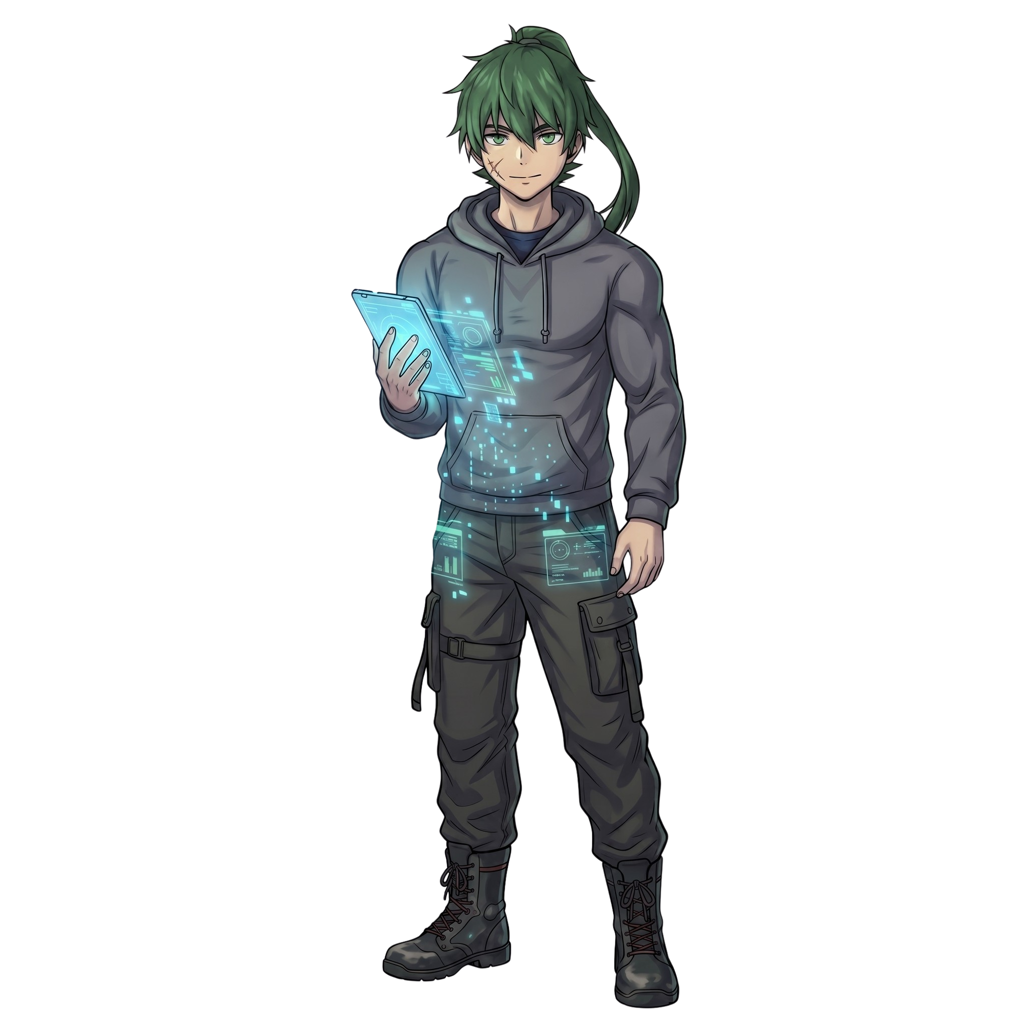 DARGONNE — the exiled soul, moss-green hair, worn hood, holding a forged interface.